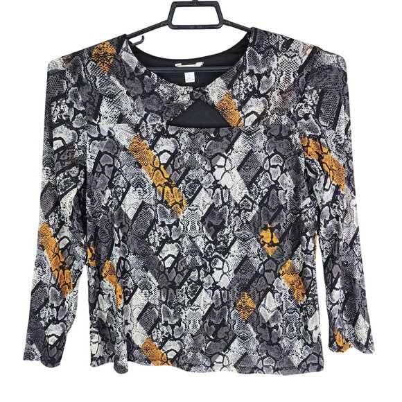 Womens Est. 1946 Gray Orange Snake Print Top Blouse Long Sleeve Keyhole Neck L - Picture 1 of 8